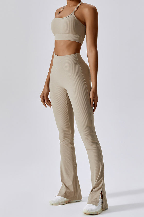 PACK2611642-P7016-1, Smoke Gray T-back Yoga Bra Gym Split Leg Pants Set