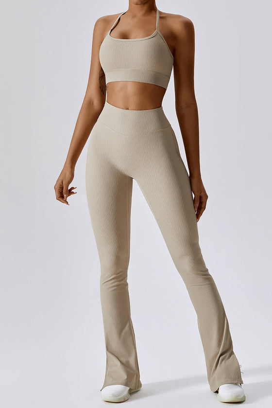 PACK2611642-P7016-1, Smoke Gray T-back Yoga Bra Gym Split Leg Pants Set