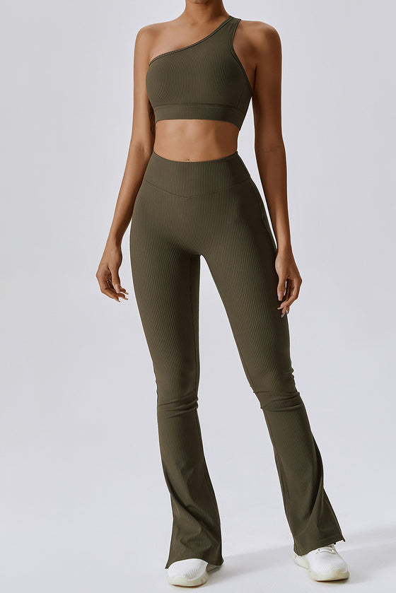 PACK2611641-P1609-1, Moss Green One Shoulder Split Bottom 2pcs Active Set