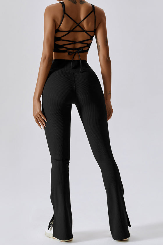 PACK2611640-P2-1, Black Ribbed U Neck Cropped Tank and Split Leggings Set