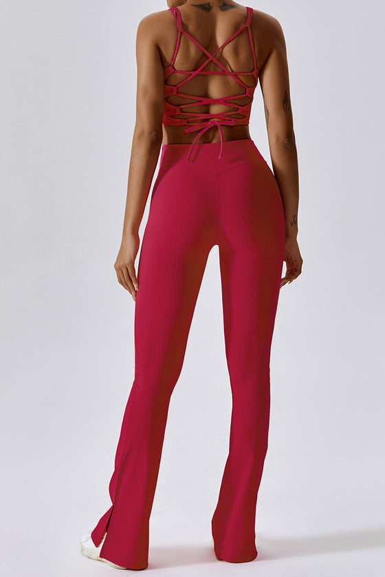 PACK2611640-P403-1, Red Dahlia Ribbed U Neck Cropped Tank and Split Leggings Set