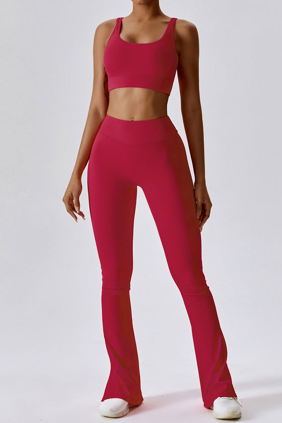 PACK2611640-P403-1, Red Dahlia Ribbed U Neck Cropped Tank and Split Leggings Set