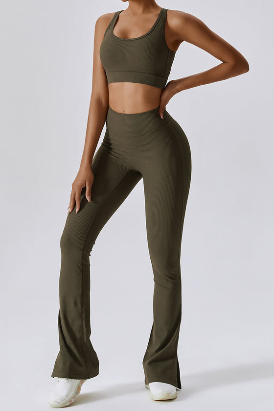 PACK2611640-P1609-1, Moss Green Ribbed U Neck Cropped Tank and Split Leggings Set
