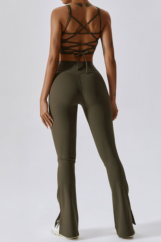 PACK2611640-P1609-1, Moss Green Ribbed U Neck Cropped Tank and Split Leggings Set
