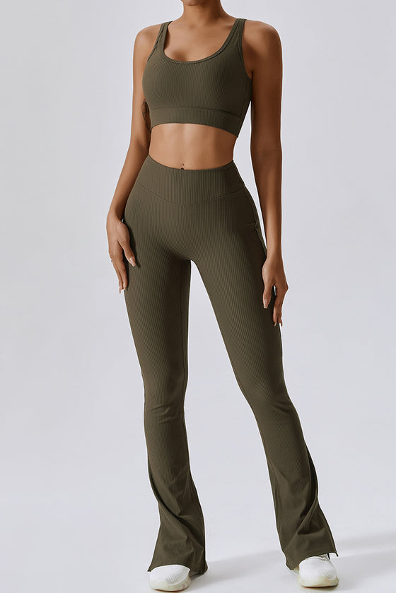 PACK2611640-P1609-1, Moss Green Ribbed U Neck Cropped Tank and Split Leggings Set