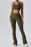 PACK2611640-P1609-1, Moss Green Ribbed U Neck Cropped Tank and Split Leggings Set