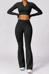 PACK2611639-P2-1, Black Long Sleeve Crop Top and Flare Pants Workout Set
