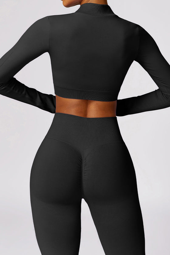 PACK2611639-P2-1, Black Long Sleeve Crop Top and Flare Pants Workout Set