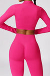 PACK2611639-P6-1, Rose Red Long Sleeve Crop Top and Flare Pants Workout Set