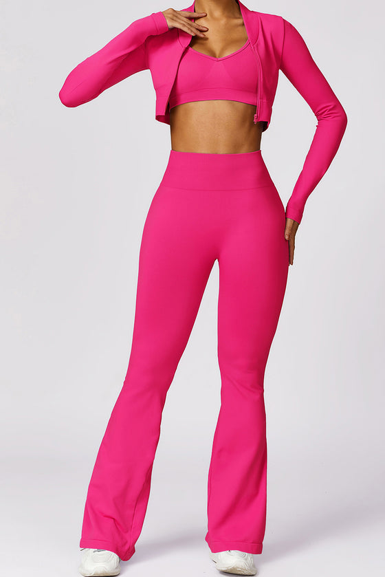 PACK2611639-P6-1, Rose Red Long Sleeve Crop Top and Flare Pants Workout Set