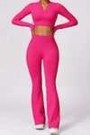 PACK2611639-P6-1, Rose Red Long Sleeve Crop Top and Flare Pants Workout Set