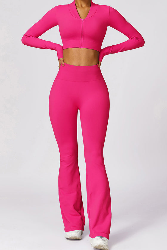 PACK2611639-P6-1, Rose Red Long Sleeve Crop Top and Flare Pants Workout Set