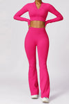 PACK2611639-P6-1, Rose Red Long Sleeve Crop Top and Flare Pants Workout Set