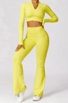 PACK2611639-P7-1, Yellow Long Sleeve Crop Top and Flare Pants Workout Set