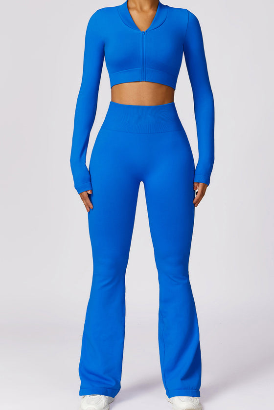 PACK2611639-P305-1, Blue Long Sleeve Crop Top and Flare Pants Workout Set