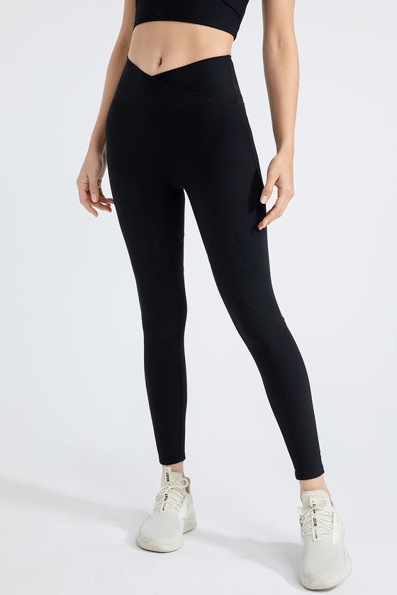 PACK265543-P2-1, Black Exposed Seam Textured Cross Waist Gym Leggings