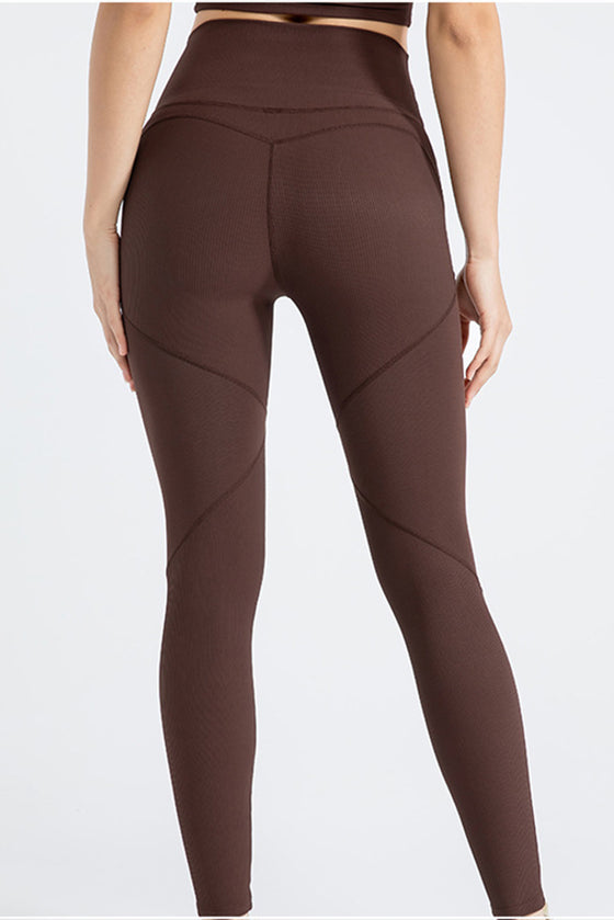 PACK265543-P5017-1, Dark Brown Exposed Seam Textured Cross Waist Gym Leggings