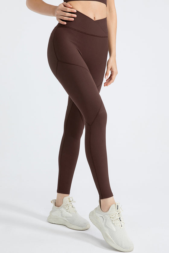 PACK265543-P5017-1, Dark Brown Exposed Seam Textured Cross Waist Gym Leggings