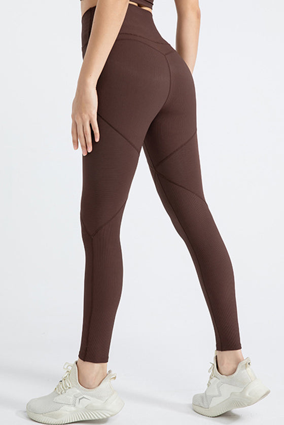 PACK265543-P5017-1, Dark Brown Exposed Seam Textured Cross Waist Gym Leggings