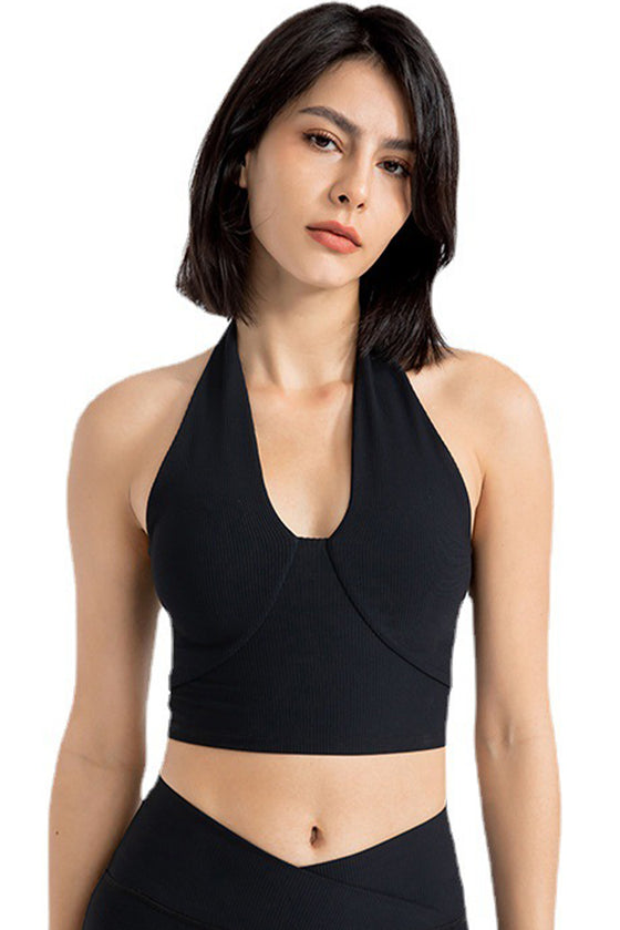 PACK264774-P2-1, Black Sleeveless Halter Neck Active Sports Bra