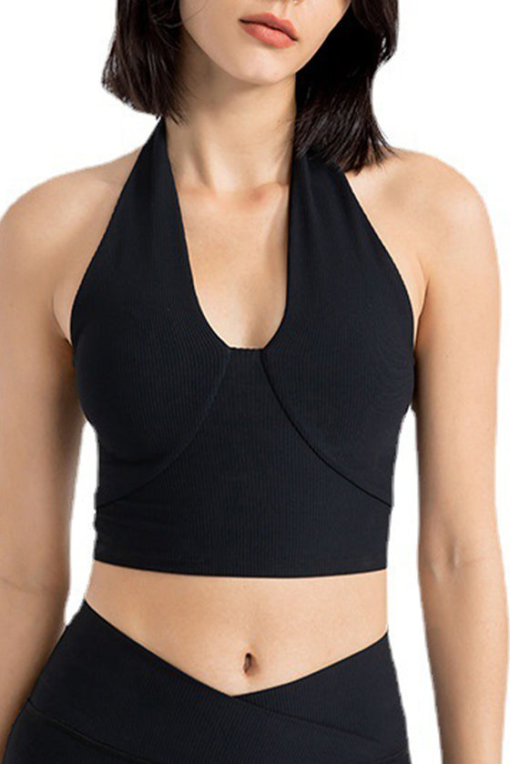 PACK264774-P2-1, Black Sleeveless Halter Neck Active Sports Bra