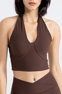  PACK264774-P5017-1, Dark Brown Sleeveless Halter Neck Active Sports Bra