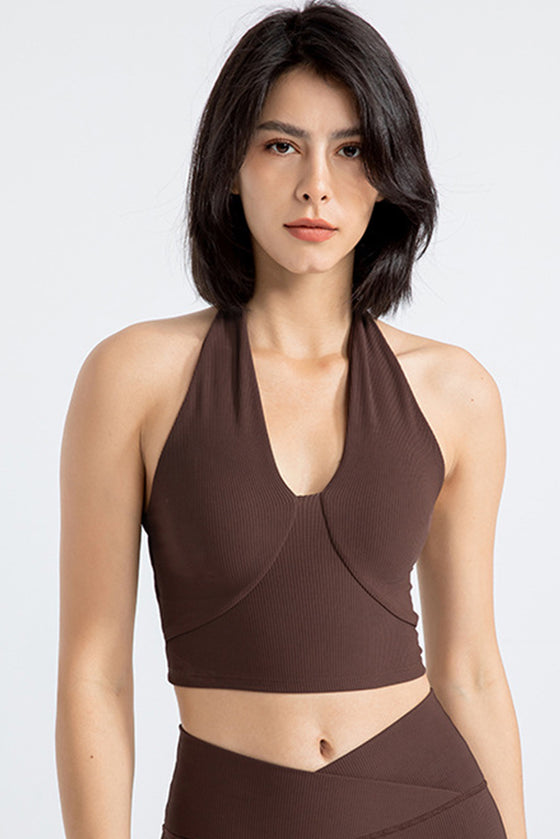 PACK264774-P5017-1, Dark Brown Sleeveless Halter Neck Active Sports Bra