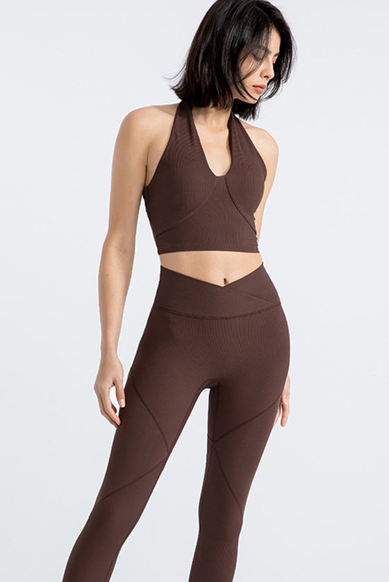 PACK264774-P5017-1, Dark Brown Sleeveless Halter Neck Active Sports Bra