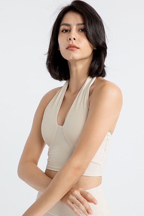 PACK264774-P6016-1, Parchment Sleeveless Halter Neck Active Sports Bra