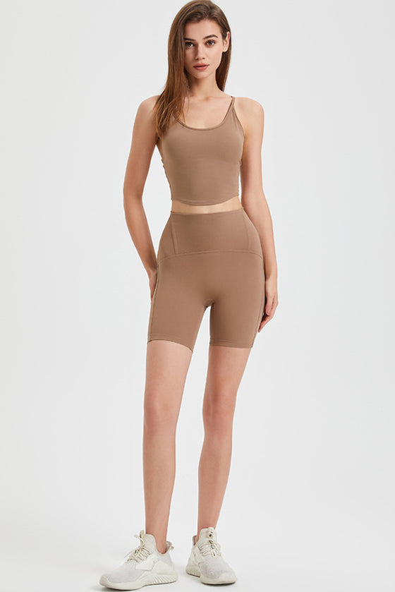 PACK264775-P4016-1, Light French Beige Crossed Straps Round Hem Workout Top