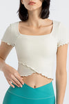 PACK264777-P1-1, White Frilly Trim Crossed Hem Cropped Yoga Top