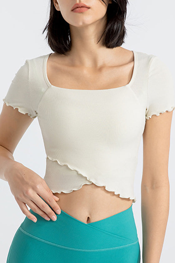 PACK264777-P1-1, White Frilly Trim Crossed Hem Cropped Yoga Top