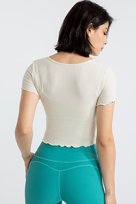 PACK264777-P1-1, White Frilly Trim Crossed Hem Cropped Yoga Top