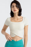 PACK264777-P1-1, White Frilly Trim Crossed Hem Cropped Yoga Top