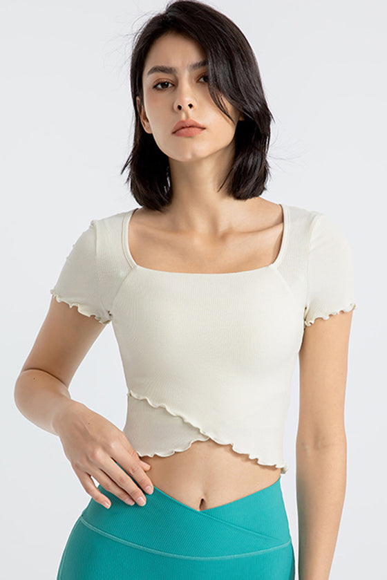 PACK264777-P1-1, White Frilly Trim Crossed Hem Cropped Yoga Top