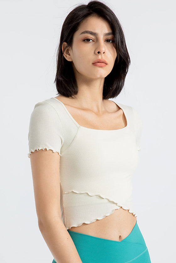 PACK264777-P1-1, White Frilly Trim Crossed Hem Cropped Yoga Top