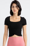 PACK264777-P2-1, Black Frilly Trim Crossed Hem Cropped Yoga Top