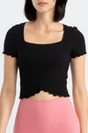 PACK264777-P2-1, Black Frilly Trim Crossed Hem Cropped Yoga Top