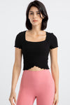 PACK264777-P2-1, Black Frilly Trim Crossed Hem Cropped Yoga Top