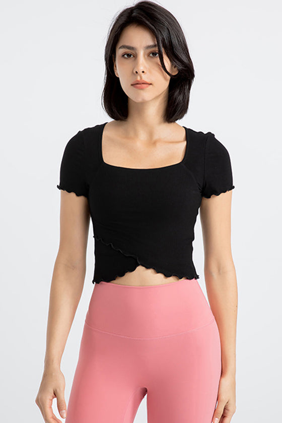 PACK264777-P2-1, Black Frilly Trim Crossed Hem Cropped Yoga Top