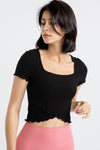 PACK264777-P2-1, Black Frilly Trim Crossed Hem Cropped Yoga Top