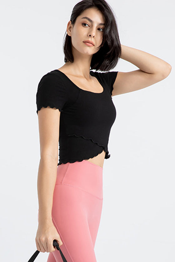 PACK264777-P2-1, Black Frilly Trim Crossed Hem Cropped Yoga Top
