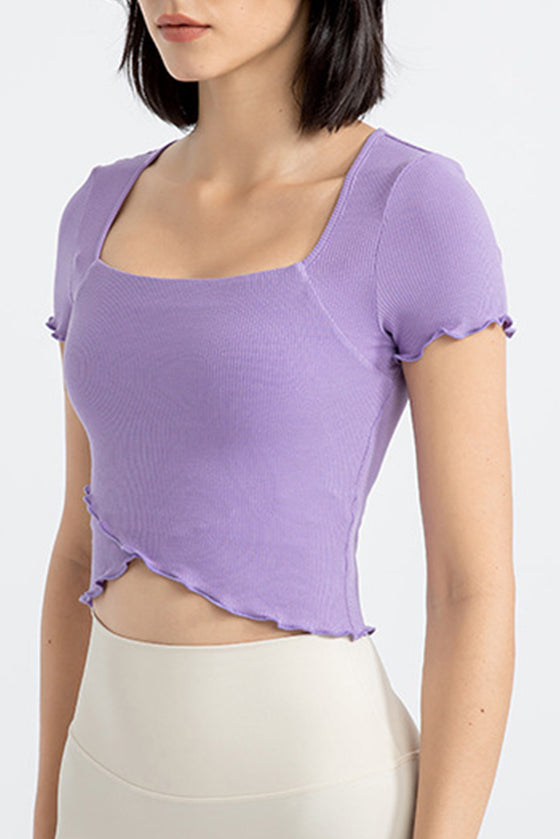 PACK264777-P208-1, Wisteria Frilly Trim Crossed Hem Cropped Yoga Top