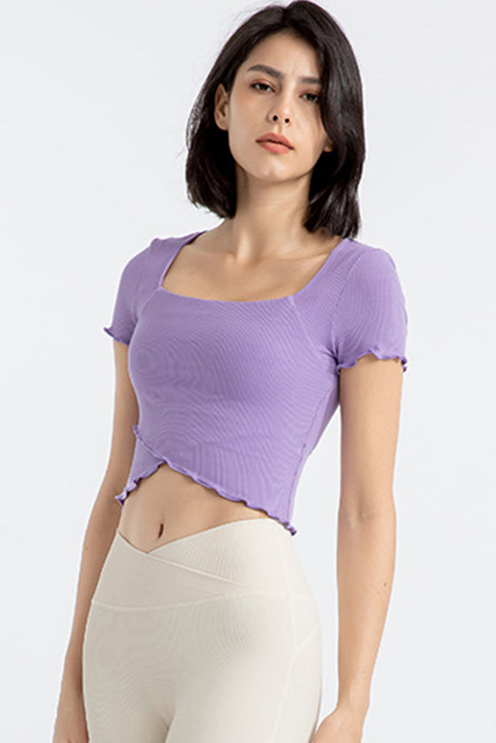 PACK264777-P208-1, Wisteria Frilly Trim Crossed Hem Cropped Yoga Top