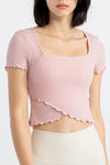 PACK264777-P1010-1, Light Pink Frilly Trim Crossed Hem Cropped Yoga Top
