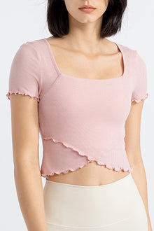  PACK264777-P1010-1, Light Pink Frilly Trim Crossed Hem Cropped Yoga Top
