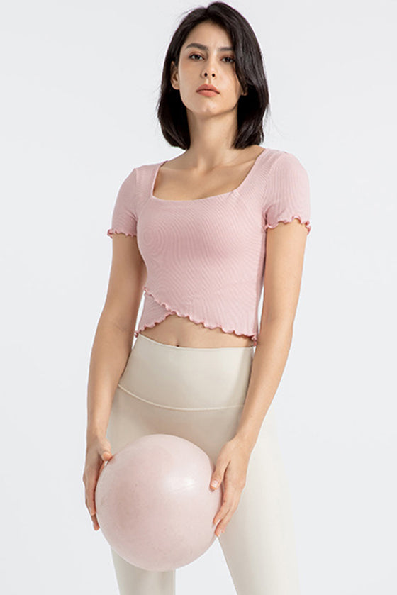 PACK264777-P1010-1, Light Pink Frilly Trim Crossed Hem Cropped Yoga Top