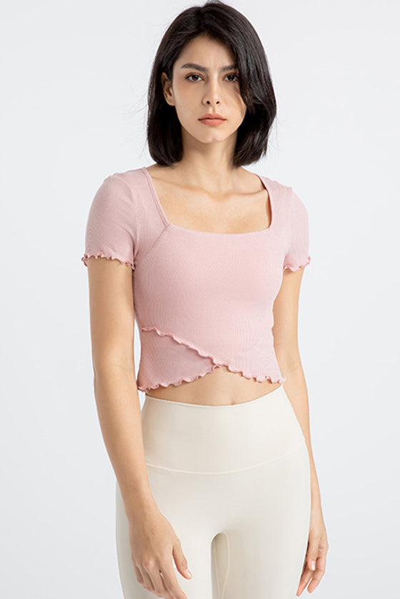 PACK264777-P1010-1, Light Pink Frilly Trim Crossed Hem Cropped Yoga Top
