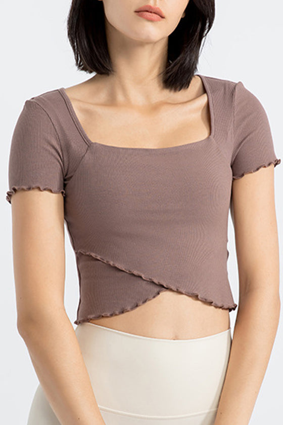 PACK264777-P2017-1, Chestnut Frilly Trim Crossed Hem Cropped Yoga Top