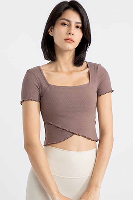 PACK264777-P2017-1, Chestnut Frilly Trim Crossed Hem Cropped Yoga Top